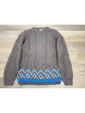 Vtg Cable Knit Pullover Fisherman Sweater Large Gray Wool Ski Geometric Nordic